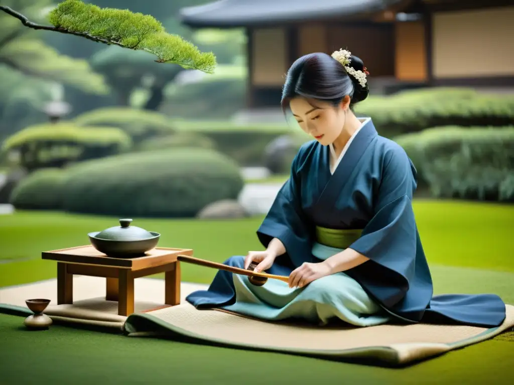 Una ceremonia del té japonesa tradicional se lleva a cabo en un jardín sereno, resurgiendo la ética samurái en videojuegos