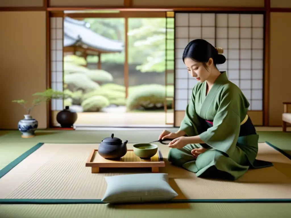 Una ceremonia del té japonesa tradicional se lleva a cabo en una serena habitación tatami, destacando la influencia samurái en Occidente