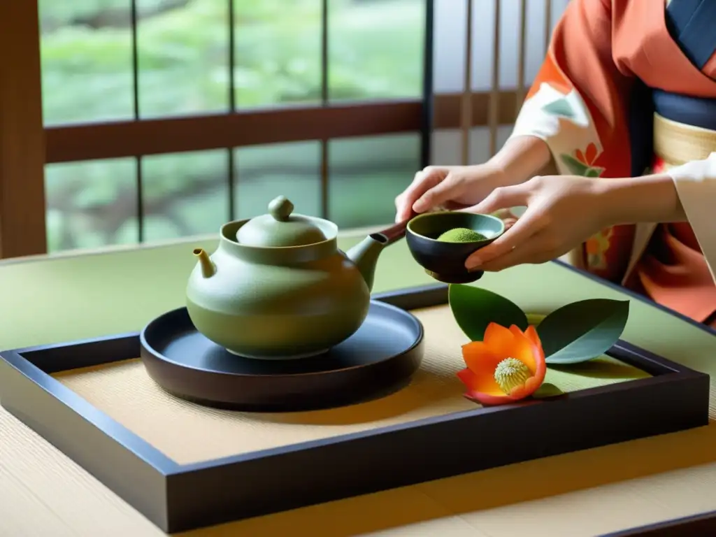 Una ceremonia del té japonesa tradicional con comida y kimono, reflejando el papel de la comida en rituales samurái