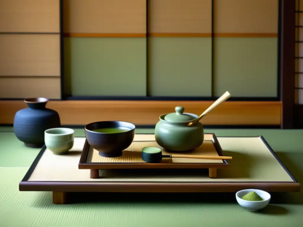 Una ceremonia del té japonesa tradicional con detalles meticulosos y una atmósfera serena que refleja la dieta y nutrición del samurái