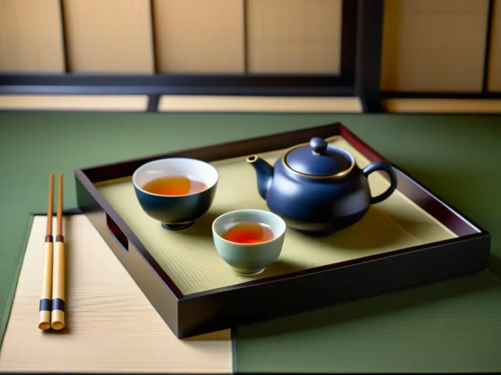 Una ceremonia del té japonesa tradicional con elegante servicio y papel de la comida en rituales samurái