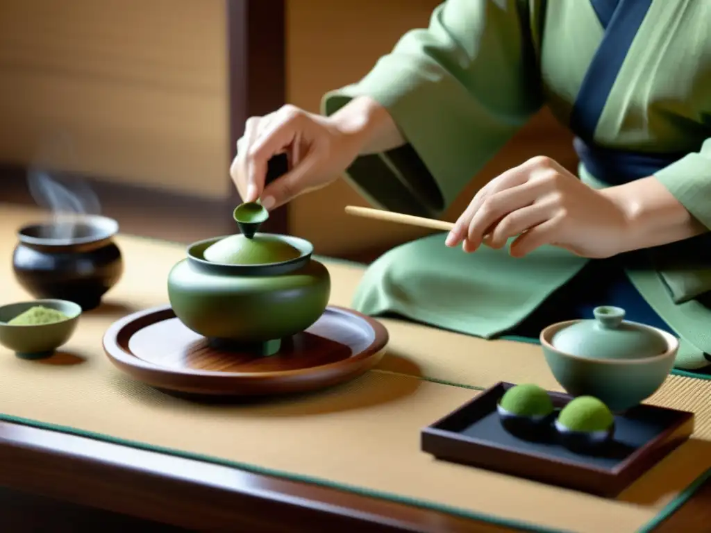 Una ceremonia del té japonesa tradicional, con un enfoque en los movimientos intrincados del maestro del té mientras prepara té matcha