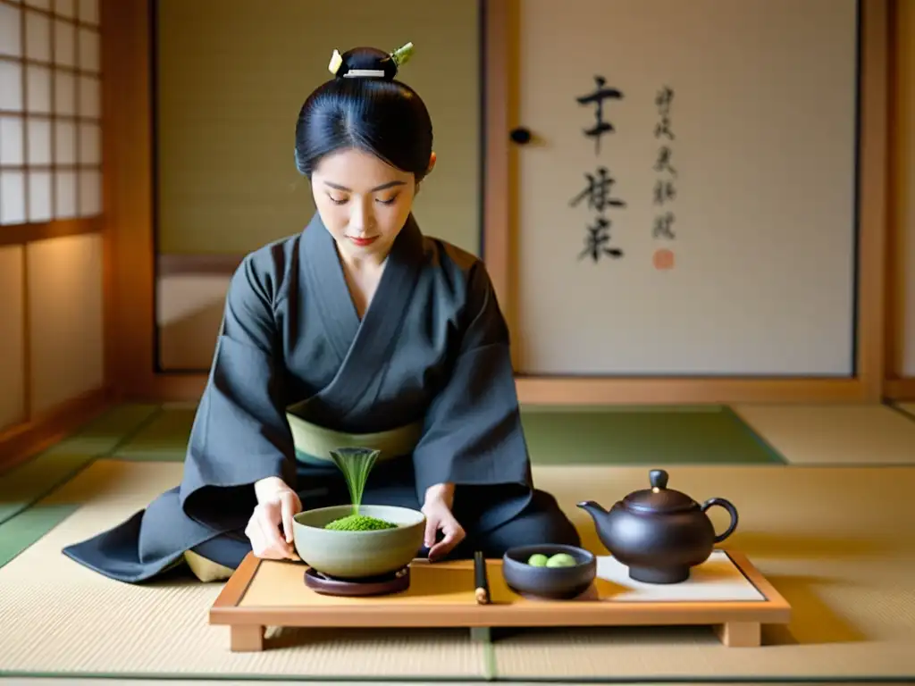 Una ceremonia del té japonesa tradicional en una habitación serena con influencias de la Huella confuciana en el código samurái