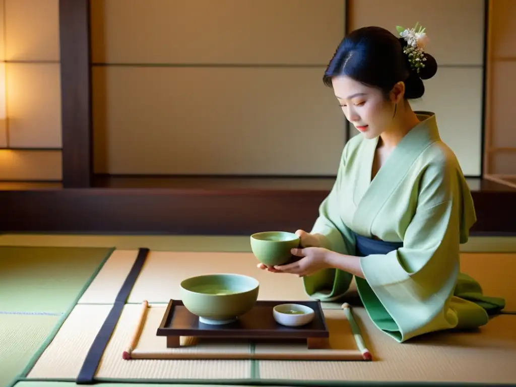 Una ceremonia del té japonesa tradicional con influencia femenina en una serena habitación tatami, la maestra del té vierte con gracia matcha en una taza delicada, vistiendo un elegante kimono con patrones florales