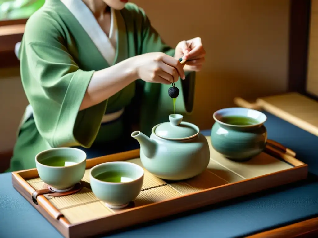 Una ceremonia del té japonesa tradicional, con un maestro del té en kimono preparando matcha con gracia