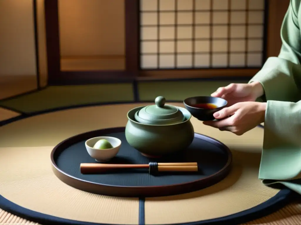 Una ceremonia del té japonesa tradicional, con movimientos precisos y una atmósfera serena que evoca la dieta consciente samurái