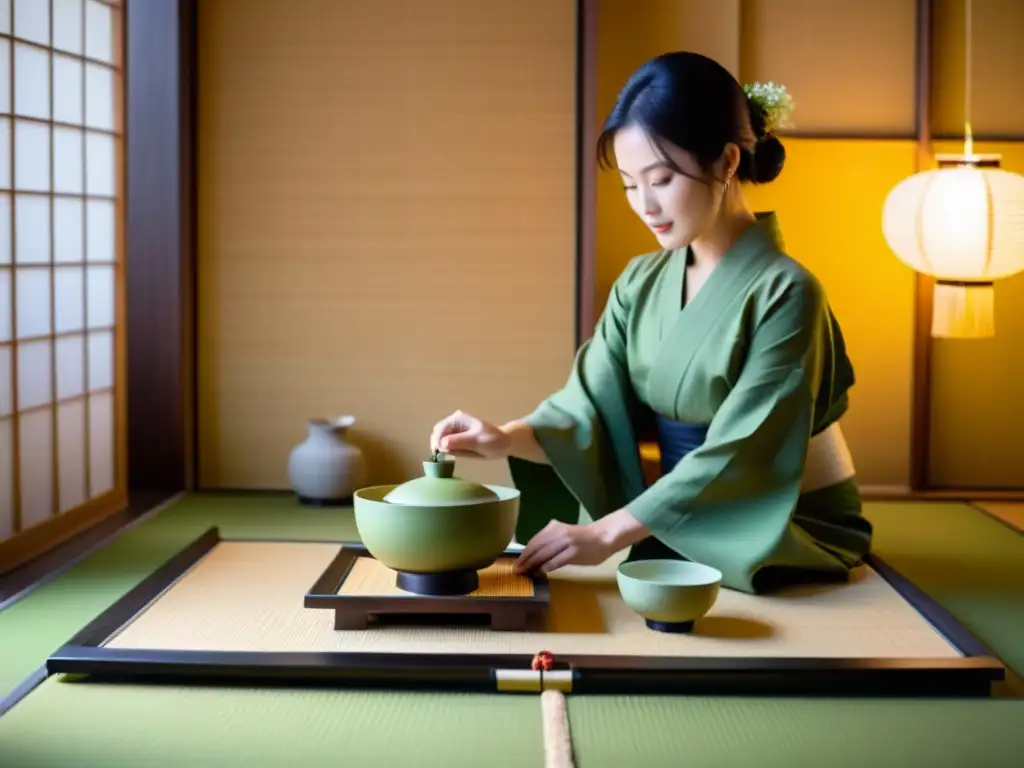 Una ceremonia del té japonesa tradicional en una sala serena de tatami, con anfitriona con kimono vertiendo matcha