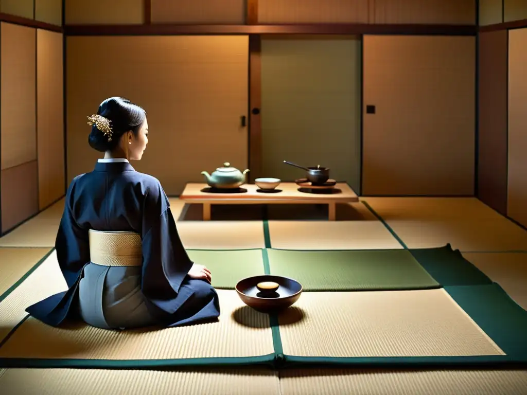 Una ceremonia de té japonesa tradicional en una sala de tatami serena, con detalles meticulosos, movimientos elegantes y una atmósfera de reverencia, comparativa Bushido vs Hagakure