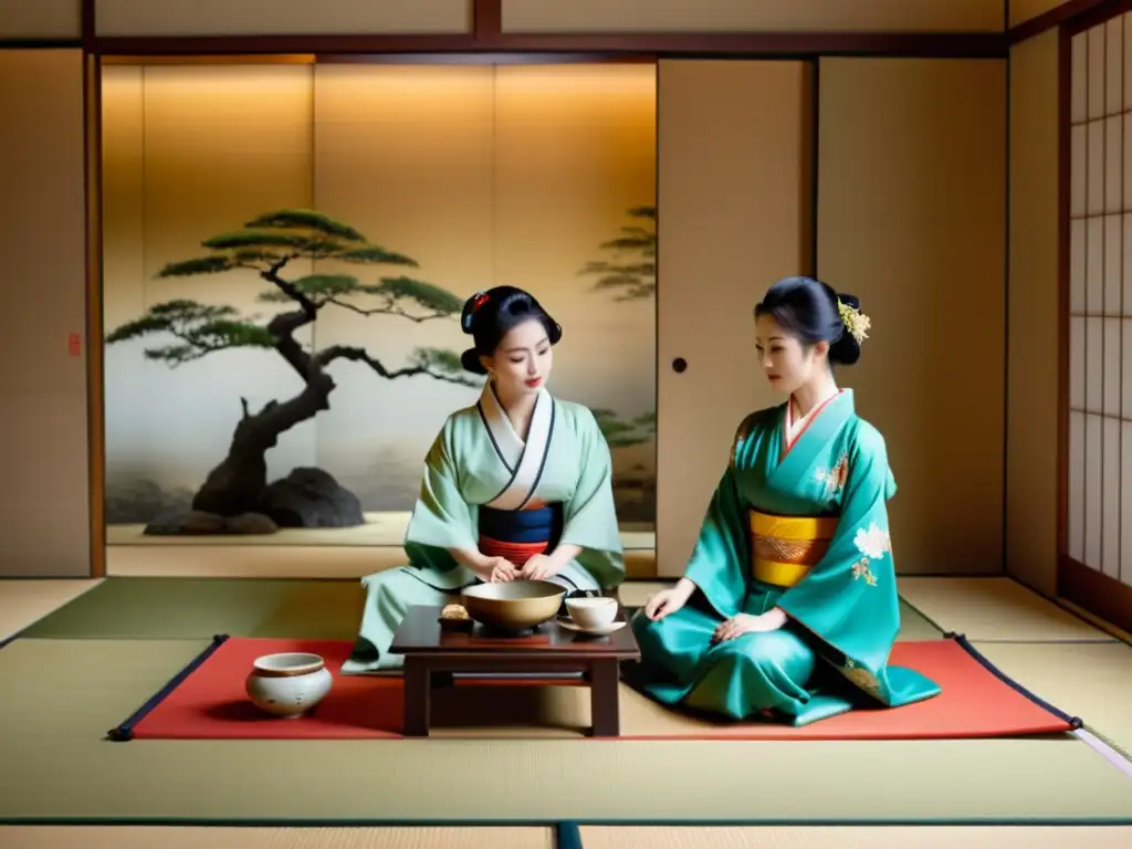 Una ceremonia del té japonesa tradicional en una sala con tatamis, donde una elegante geisha sirve té a un samurái y su esposa