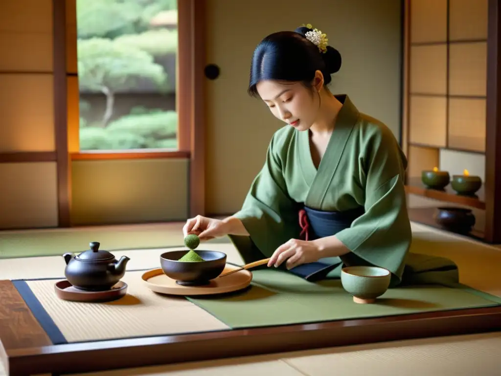 Una ceremonia del té japonesa tradicional en una sala de tatami, con banquetes samurái gastronomía tradicional