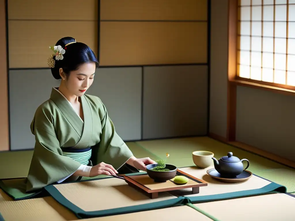 Una ceremonia del té japonesa tradicional en una sala serena con kimonos y samuráis, resaltando el papel de la comida en rituales samurái