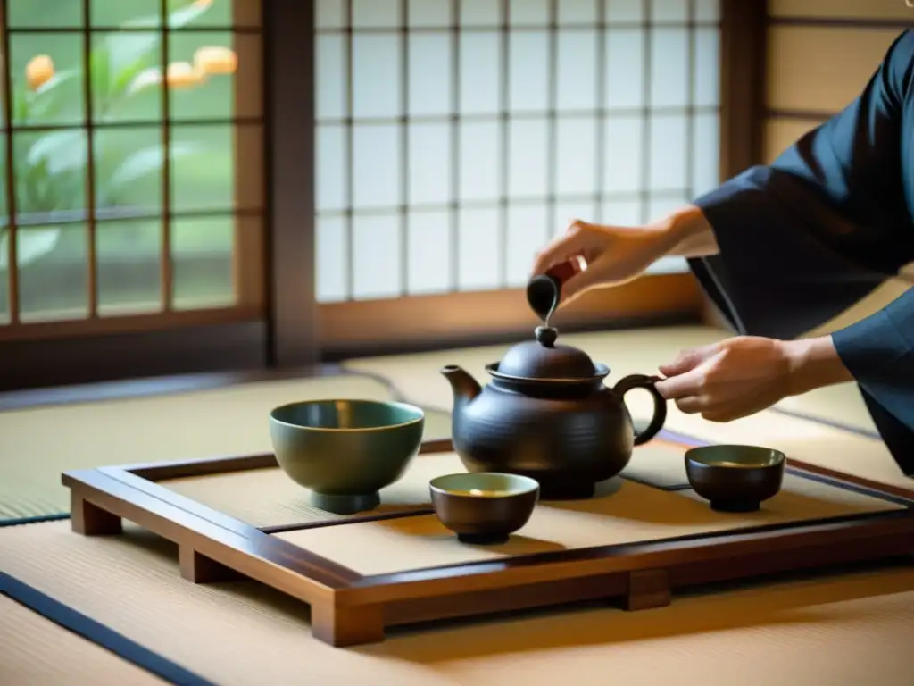 Ceremonia del té japonesa: gracia y tradición en la serenidad Una ceremonia del té japonesa tradicional en una sala serena de tatami, resaltando el legado samurái en Japón actual