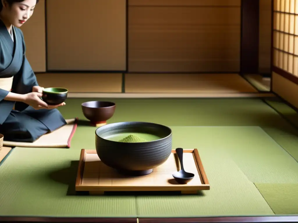 Una ceremonia del té japonesa tradicional se desarrolla en una sala de tatami serena y meticulosamente organizada