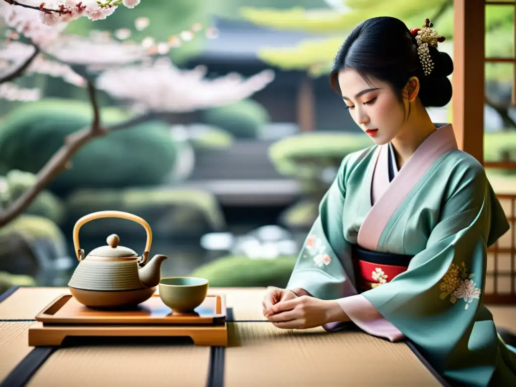 Una ceremonia del té japonesa tradicional con un samurái y una geisha, destacando la belleza de los kimonos y la serenidad del jardín japonés