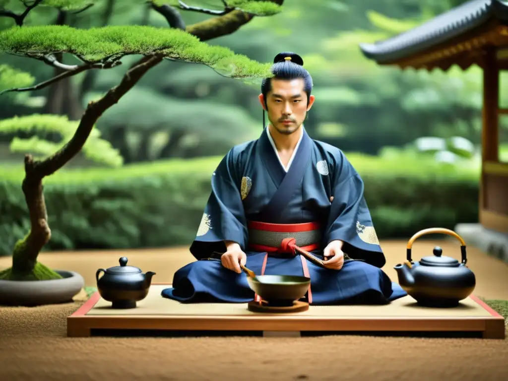 Una ceremonia del té japonesa tradicional con un señor samurái y su séquito, detallando la elegancia del arte samurái como moneda cultural