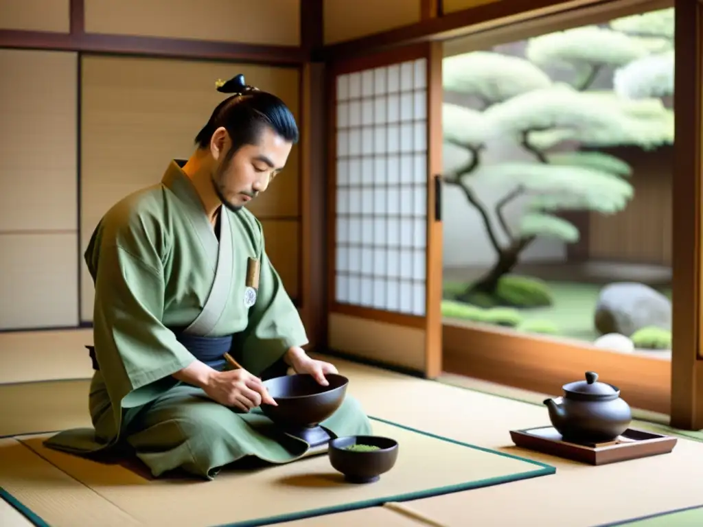 Una ceremonia del té japonesa tradicional en una serena sala de tatami, con un maestro del té vistiendo kimono sirviendo matcha a samuráis