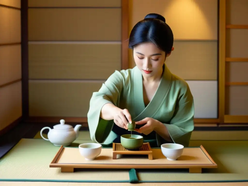 Una ceremonia del té japonesa tradicional en una serena habitación de tatami, con una anfitriona en kimono vertiendo té matcha en tazas delicadas