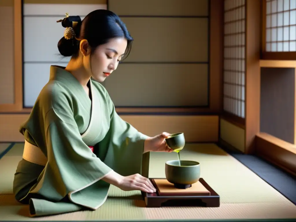 Una ceremonia del té japonesa tradicional y serena con un samurái contemplativo y una mujer en kimono vertiendo matcha en tazas de cerámica