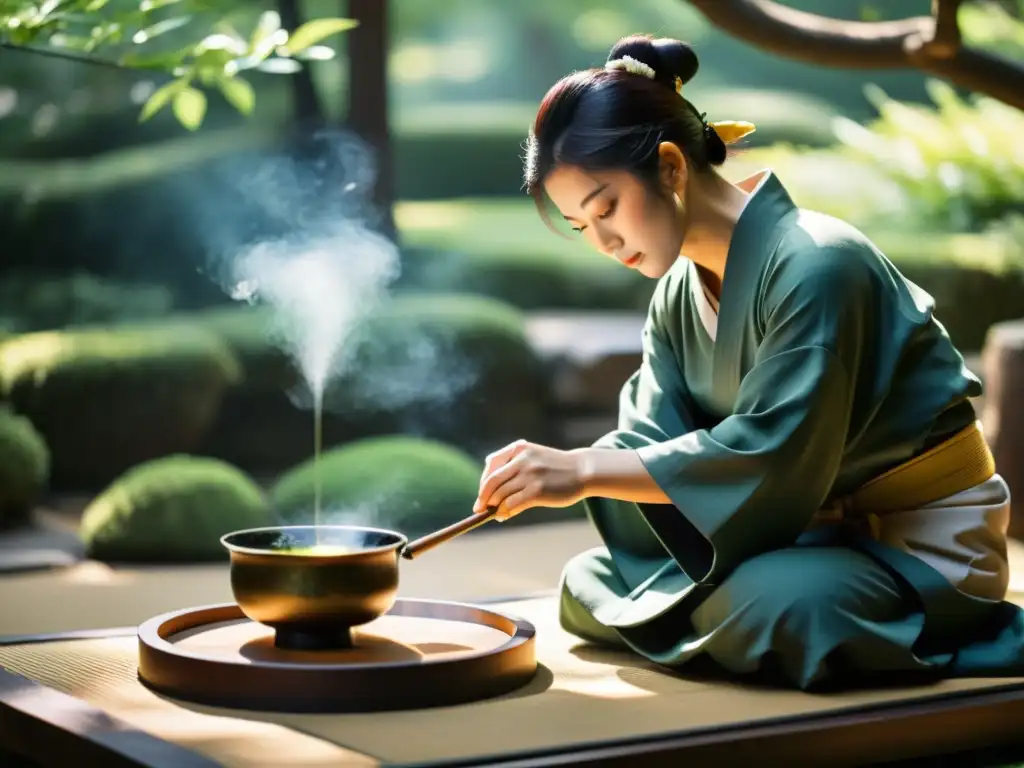 Una ceremonia del té japonesa tradicional en un jardín sereno, con movimientos precisos y un ambiente de paz