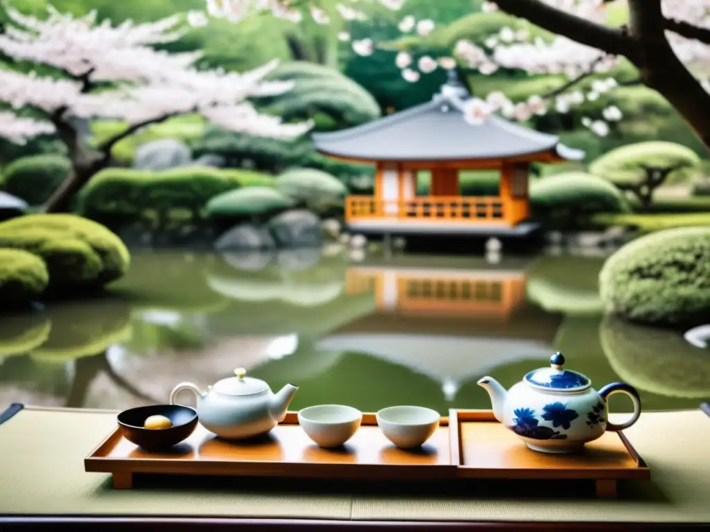 Una ceremonia del té japonesa tradicional en un jardín sereno con estrategias de poder samurái en Japón feudal