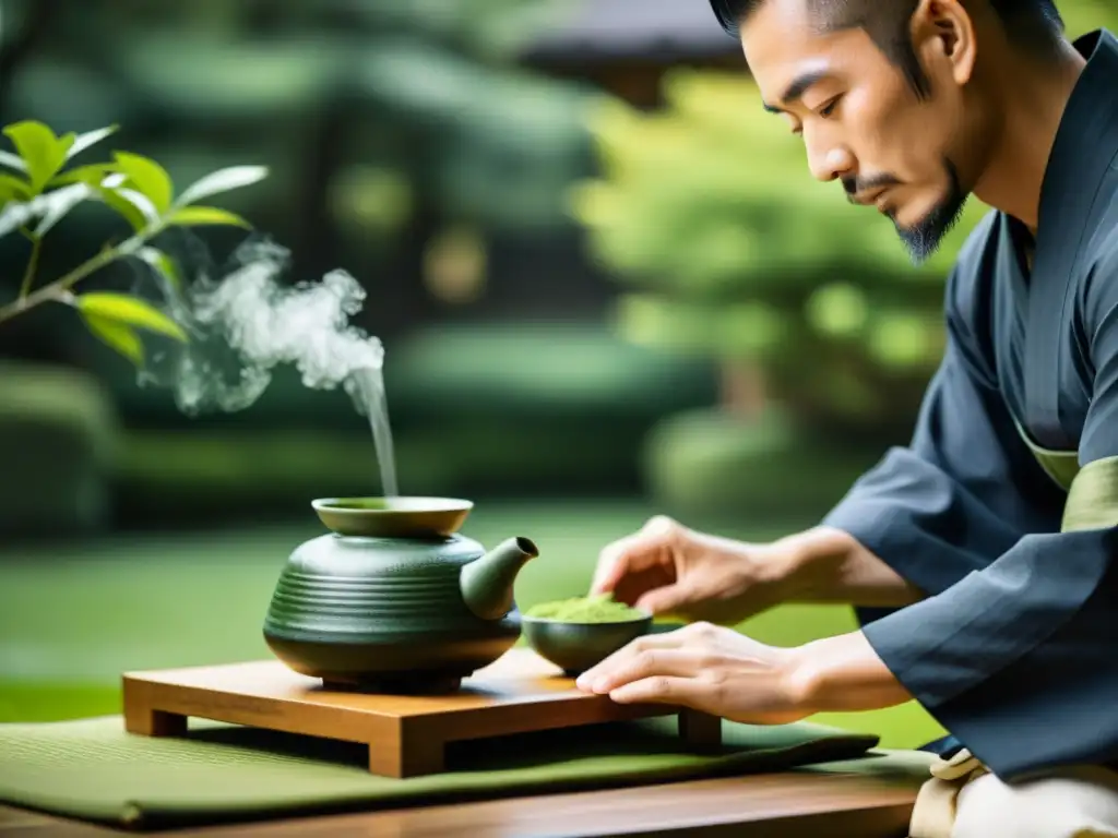 Una ceremonia de té japonesa tradicional en un jardín sereno, destacando la influencia del zen en la cultura samurái