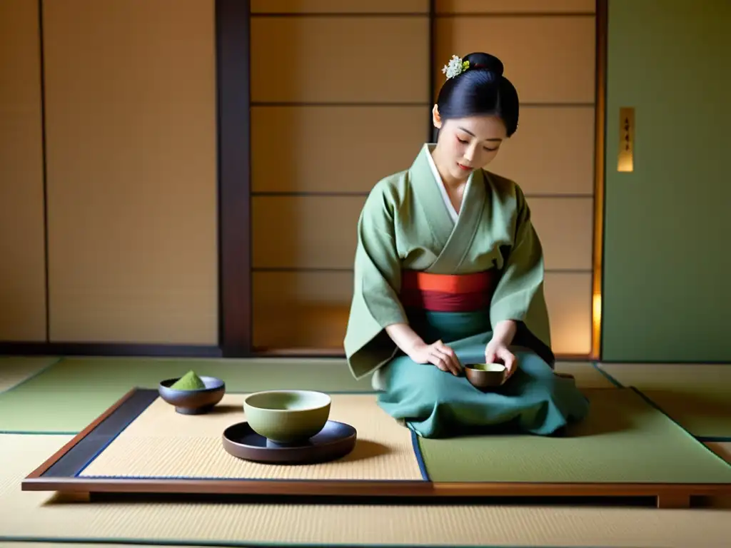 Una ceremonia del té japonesa en una habitación tradicional tatami, con movimientos elegantes y utensilios coloridos