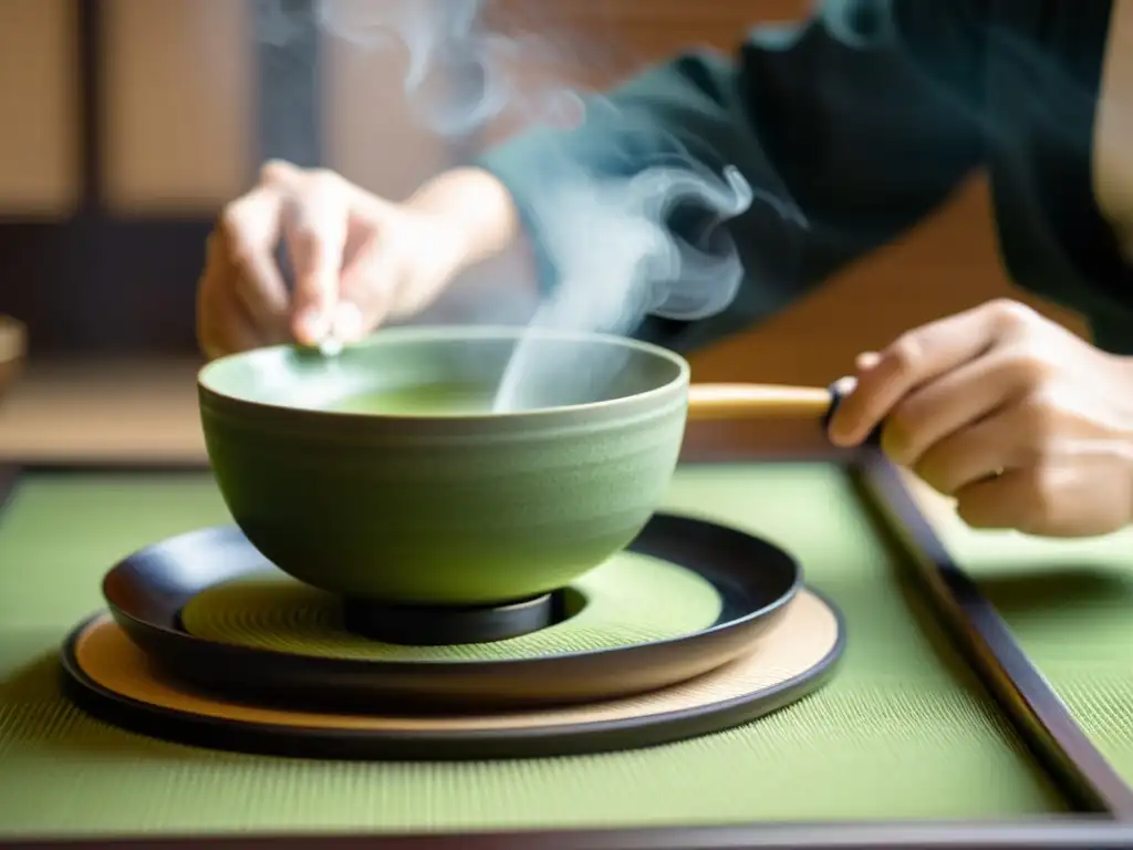 Una ceremonia del té japonesa tradicional se desarrolla en una tranquila sala de tatami, con la palabra clave 'Ruta gastronómica samurái moderna'