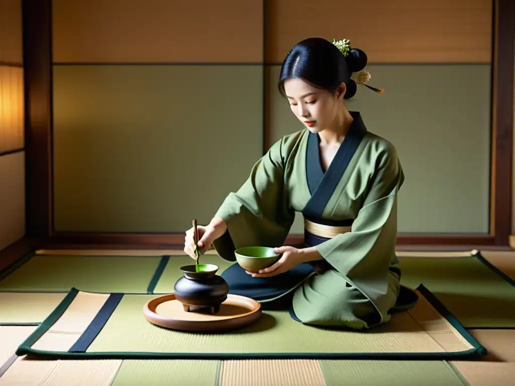 Una ceremonia del té japonesa tradicional en una tranquila sala tatami