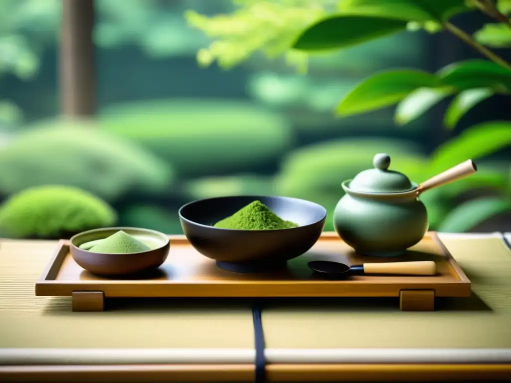 Una ceremonia del té japonesa tradicional con utensilios de matcha, dulces wagashi y un jardín sereno