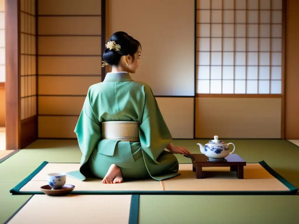 Una ceremonia del té japonesa en una tranquila habitación de tatami, con una elegante anfitriona en kimono junto a un hervidor humeante y un exquisito juego de té