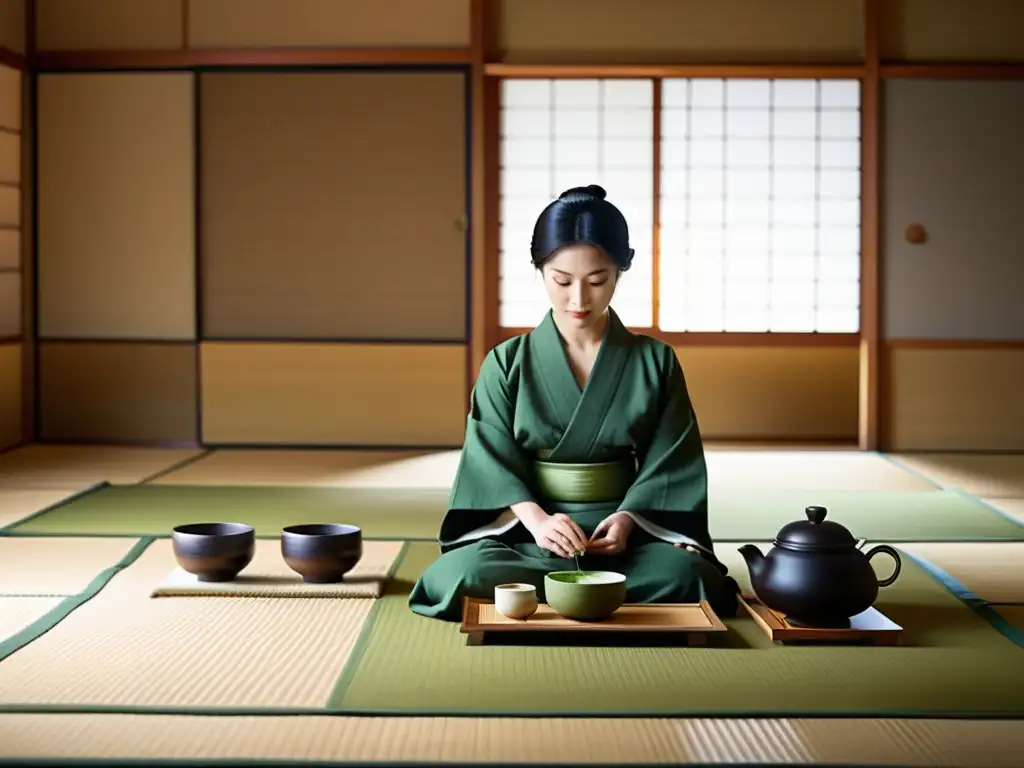 Una ceremonia del té japonesa en una tranquila habitación tatami con luz natural