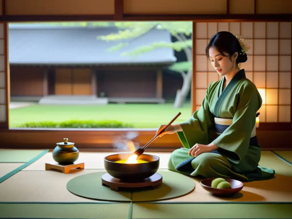 Una ceremonia del té japonesa en una tranquila sala de tatamis, con una comida balanceada al estilo samurái