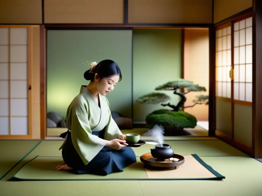 Una ceremonia del té japonesa en una tranquila sala de tatami, con una anfitriona vistiendo kimono, sirviendo matcha, rodeada de bonsáis y puertas de papel, capturando la esencia de 'El Bushido en la vida cotidiana'