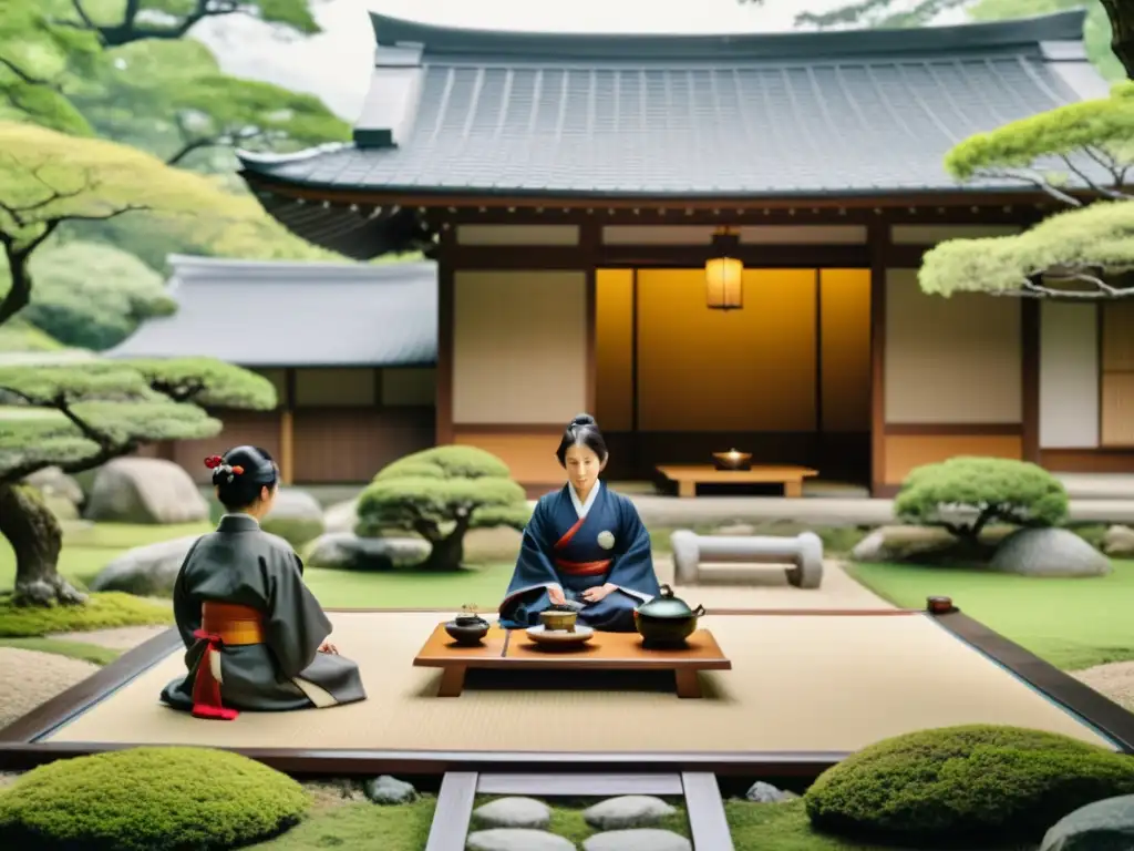 Una ceremonia del té japonesa en un jardín tranquilo donde samuráis y diplomáticos negocian con respeto y disciplina