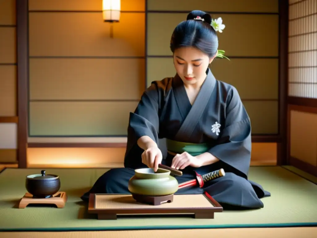 Ceremonia del té japonesa en un tranquilo tatami, con un maestro en kimono preparando matcha rodeado de elementos simbólicos del legado samurái