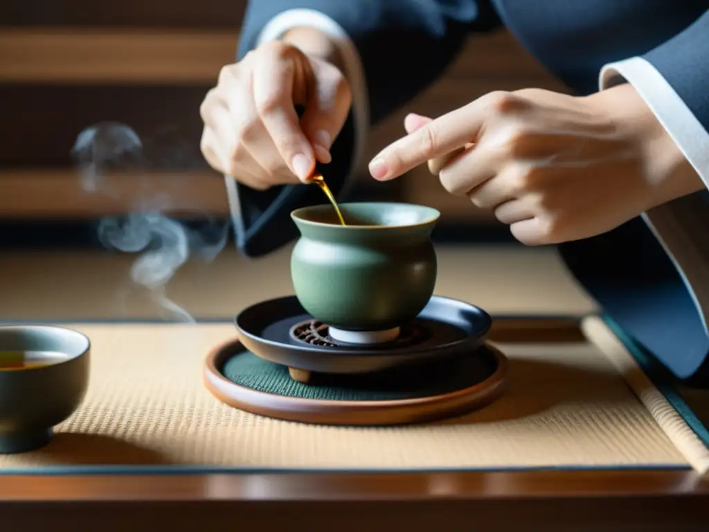 Una ceremonia del té japonesa, con un vertido maestro y la concentración serena