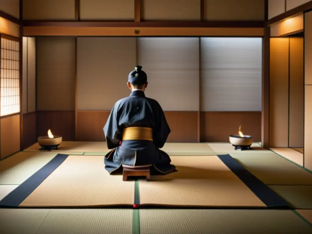 Ceremonia de Kodo japonés con samuráis en una habitación minimalista y tranquila