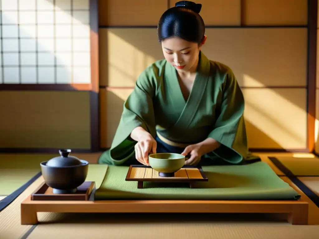 Una ceremonia del té en samurái capturada en una habitación minimalista de tatami, con movimientos precisos y tranquilidad meditativa