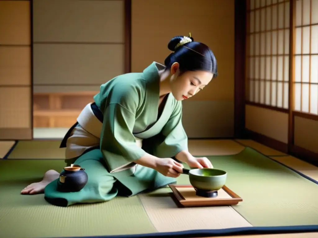 Una ceremonia del té en samurái: el maestro del té prepara matcha en una habitación serena con utensilios de té artesanales