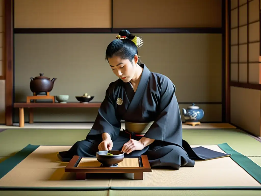 Una ceremonia del té en samurái, con un ritual meticuloso en una habitación tranquila, decorada con elementos tradicionales japoneses