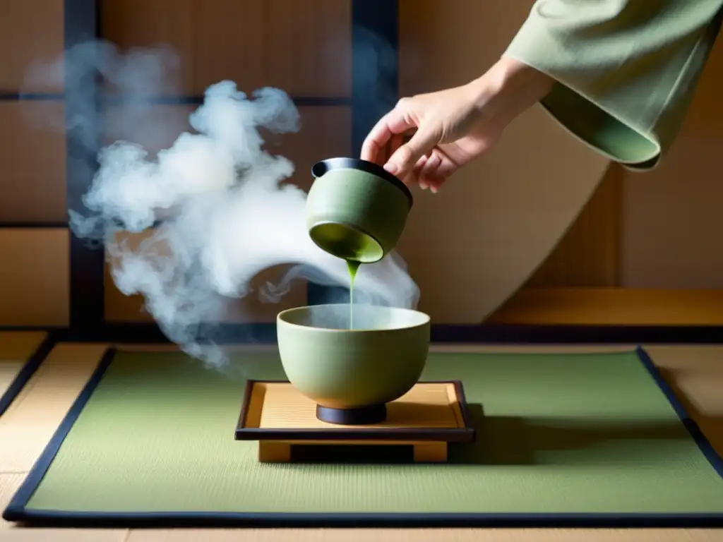 Una ceremonia de té japonesa en una habitación tatami, reflejando la importancia del Zen en el entrenamiento Samurai