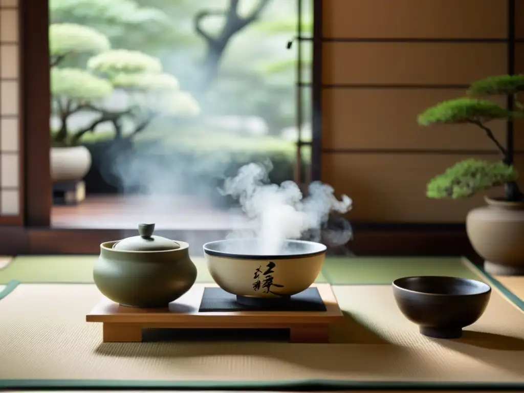 Una ceremonia de té japonesa en una sala tatami, con movimientos delicados y una atmósfera auténtica