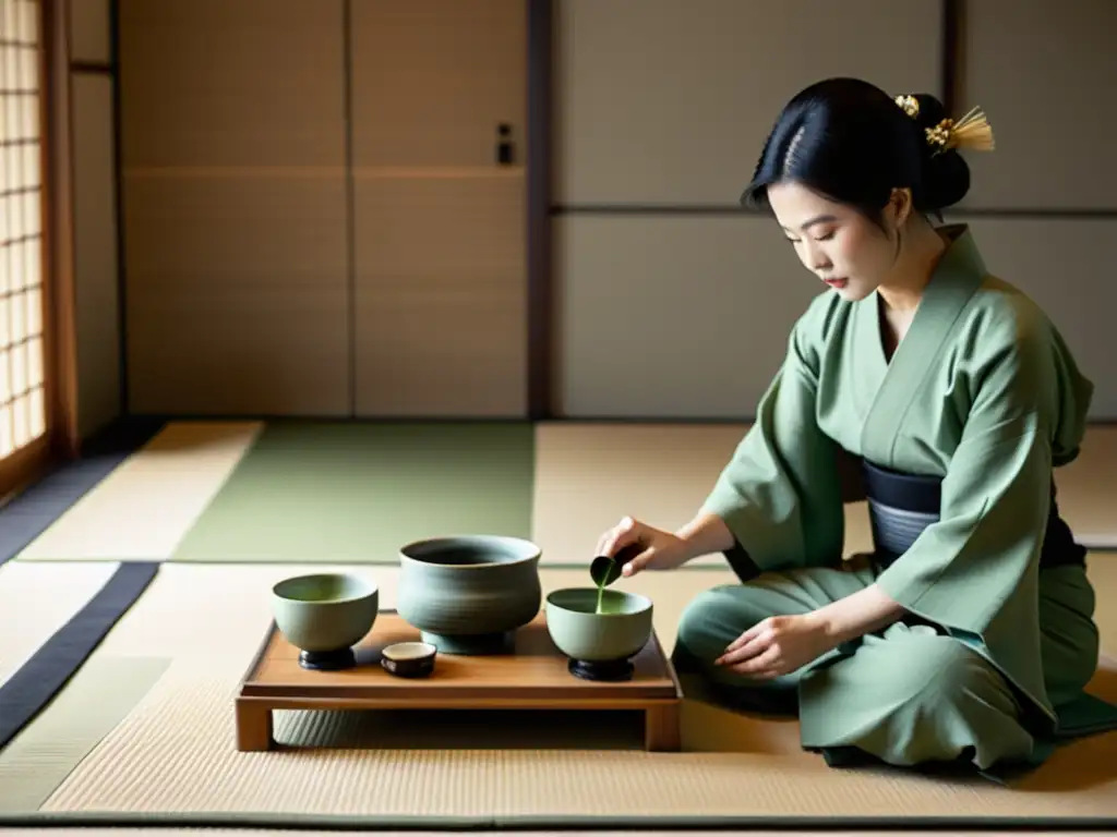 Una ceremonia de té japonesa en una sala minimalista