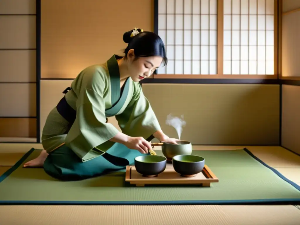 Ceremonia del té japonés: armonía y reverencia en la tradición samurái Una ceremonia de té japonesa en una serena habitación tatami, que captura la esencia de las recetas tradicionales cocina samurái