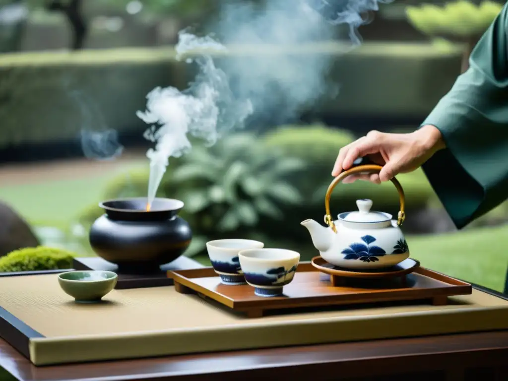 Ceremonia del té japonés en jardín zen Una ceremonia de té japonesa en un jardín sereno, con un maestro del té y una exquisita vajilla