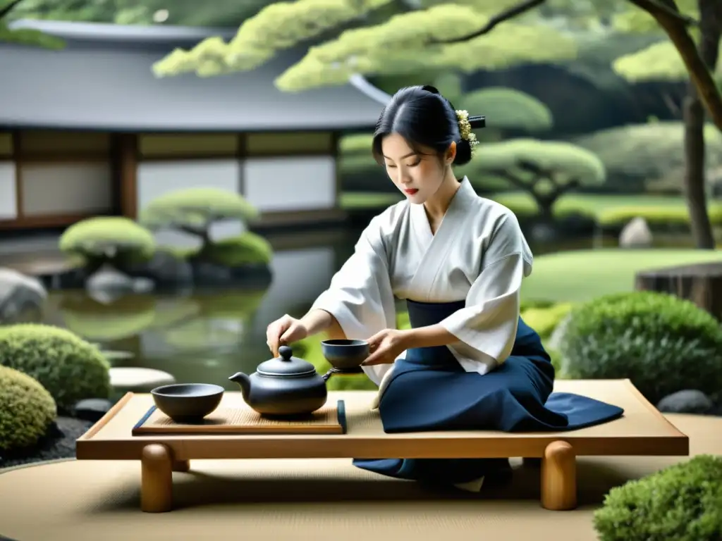 Una ceremonia de té japonesa en un jardín sereno, donde una anfitriona con kimono vierte té para sus invitados