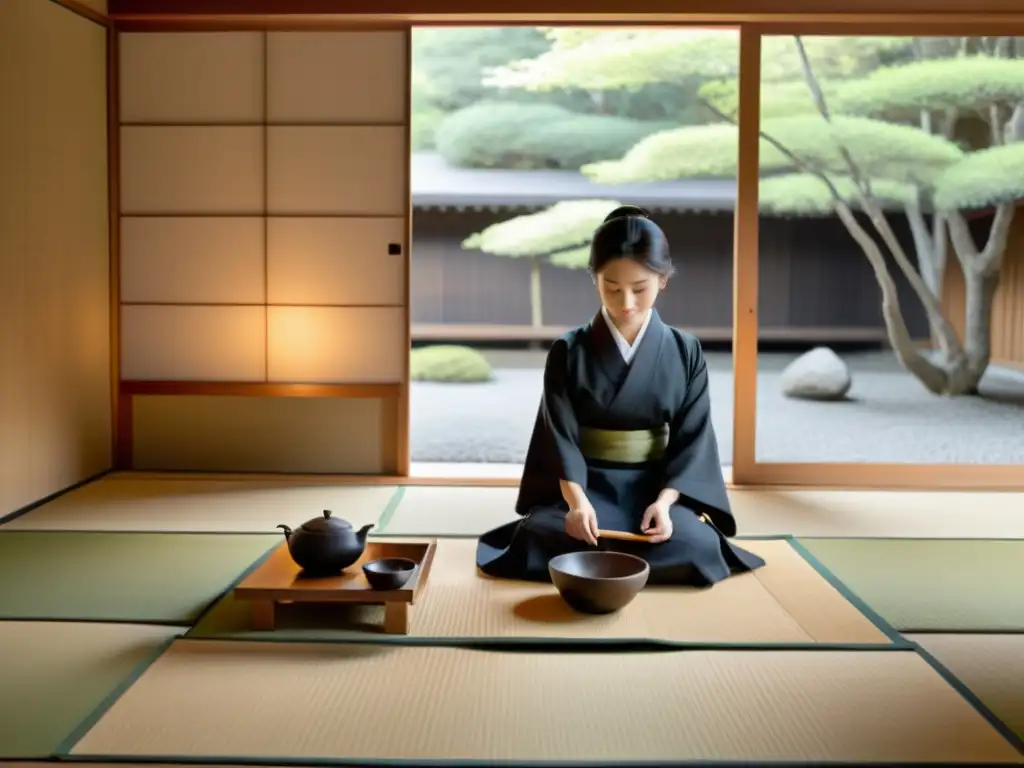 Una ceremonia de té japonesa en un jardín tranquilo con estética WabiSabi en cultura samurái