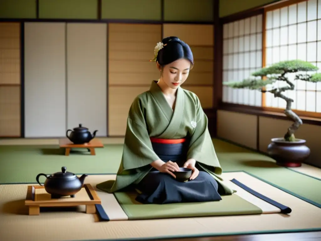 Una ceremonia del té tradicional japonesa se lleva a cabo en una sala de tatami serena y elegante