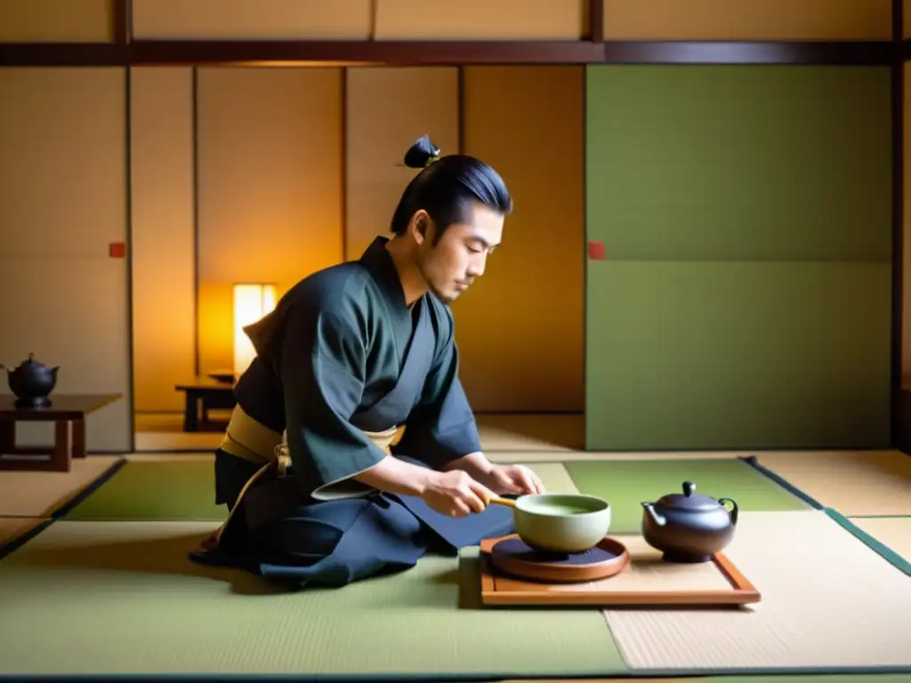 Una ceremonia de té tradicional japonesa en una sala serena con un joven samurái en entrenamiento observando atentamente al maestro del té