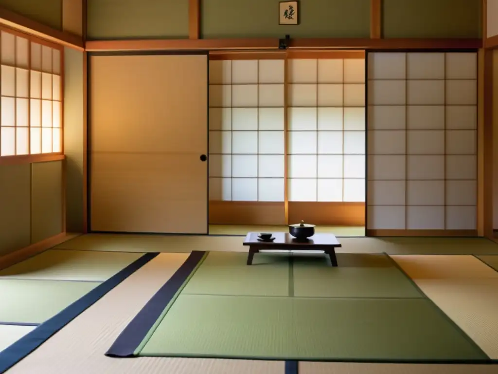 Una ceremonia del té tradicional japonesa se desarrolla en una serena habitación de tatami con puertas correderas de papel